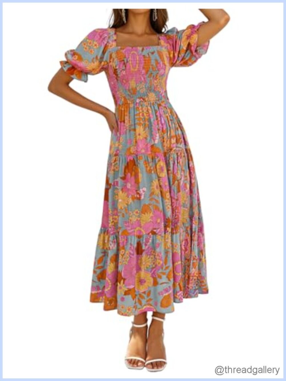 ZESICA Women's Boho Floral Ruffle Maxi Dress Square Neck Puff Sleeve